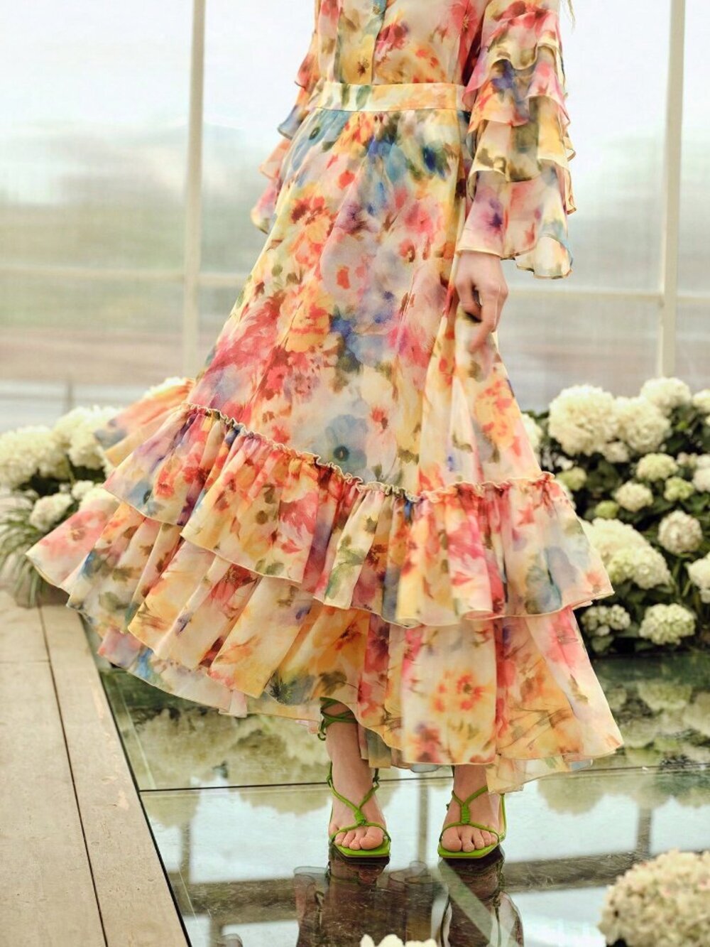Multicolor Boho Womens Premium Romantic Elegant floral Printed ruffle maxi Skirt